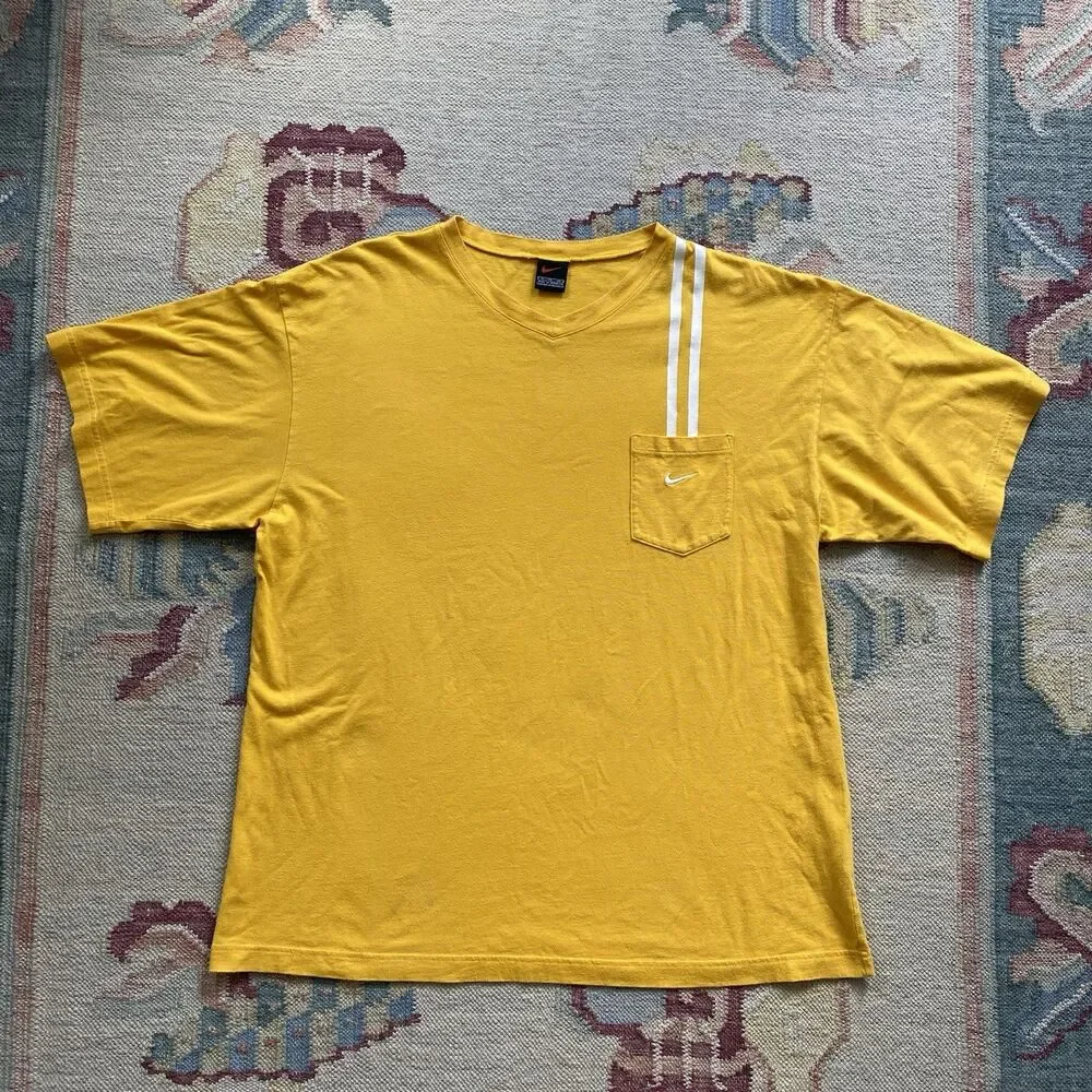 Y2K Nike Yellow Pocket T Shirt Vertical Racing Stripe Vintage XL V Neck